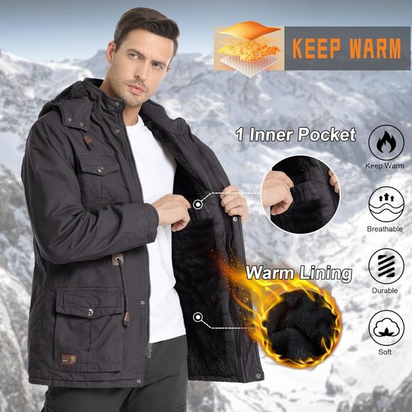 Mens Gray Thick Winter Jacket Hooded Fleece Lined Cotton Military Coat - Picture 2 of 6